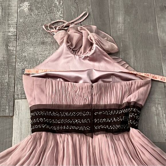 BCBGMAXAZRIA Rose Silk Ruffle Halter Tearose Pink Dress Beaded Tulle Belt 2 XS - Picture 9 of 12